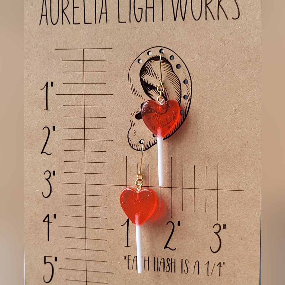 ❤️ Glitter Heart Lollipop Earrings - Red - Picture 8 of 10